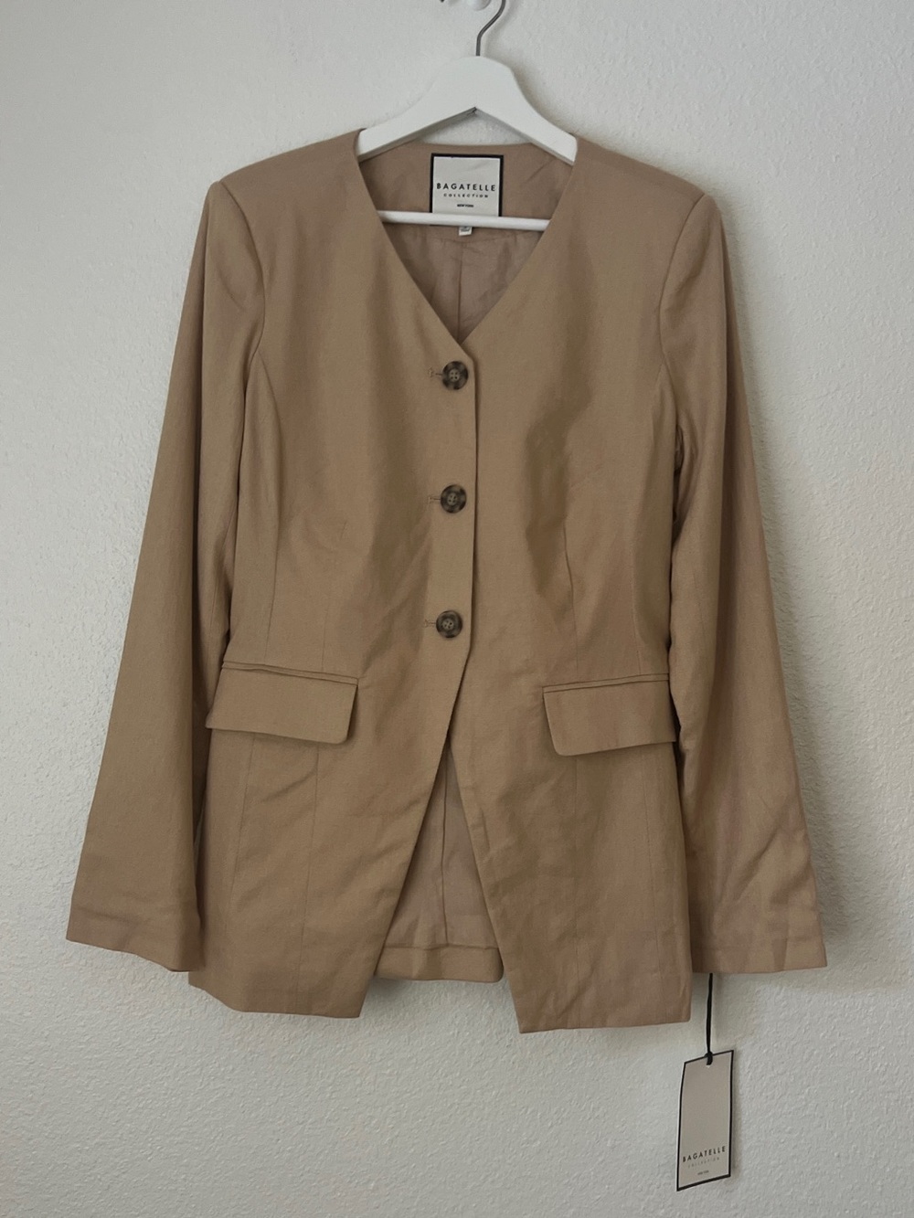 Bagatelle Collection Linen Blend Collarless Blazer Tan Beige Jacket Small NWT